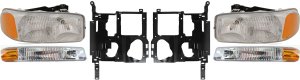 Headlight Assembly for GMC Sierra 1500/2500 (1999-2002), Yukon (2000-2006), Right (Passenger) and Left (Driver) Halogen, 6-Piece Kit with Headlight Bracket and Parking Light, Replacement