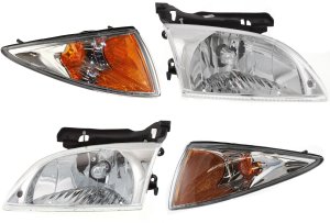 Headlight Assembly for 2000-2002 Chevrolet Cavalier, Right (Passenger) and Left (Driver), Halogen, 4-Piece Kit with Corner Lights, Replacement