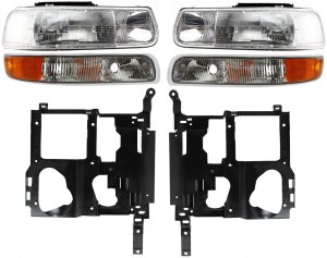 Headlight Assembly Kit for Chevrolet Silverado 1500/2500 (1999-2002) / Tahoe (2000-2006) with Right (Passenger) and Left (Driver) Halogen Headlight, 6-Piece Set including Headlight Housing and Parking Light, Replacement.