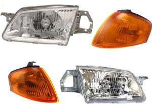 Headlight Assembly for Mazda Protege 1999-2000, Right (Passenger) and Left (Driver), Halogen, 4-Piece Kit with Corner Lights, Replacement