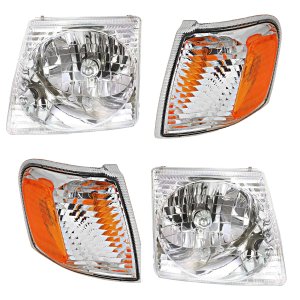 Headlight Assembly Kit for Ford Explorer Sport 2001-2003 / Explorer Sport Trac 2001-2005, Right (Passenger) and Left (Driver), with Corner Lights, 4-Piece Kit, Halogen Replacement