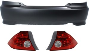 Rear Bumper Cover Kit for Honda Civic 2004-2005, 3-Piece Set with Tail Lights, Coupe - Replacement