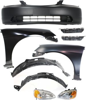 Headlight Kit for 2001-2003 Honda Civic, Right (Passenger) and Left (Driver), Lens and Housing, Halogen, 9-Piece with Bumper Brackets, Bumper Cover, Fender Liners, Fenders Replacement