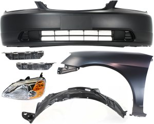 Headlight and Housing Kit for 2001-2003 Honda Civic, Left (Driver), Halogen, 6-Piece Set with Bumper Brackets, Cover, Fender, Fender Liner - Replacement
