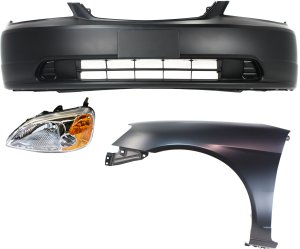 Headlight and Housing Kit for 2001-2003 Honda Civic, Left (Driver) Side, Halogen, 3-Piece with Bumper Cover and Fender, Replacement