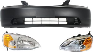 Headlight Kit for 2001-2003 Honda Civic, Right (Passenger) and Left (Driver), Lens and Housing, Halogen, 3-Piece with Bumper Cover Replacement