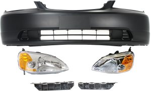 Headlight Kit for 2001-2003 Honda Civic with Right (Passenger) and Left (Driver) Lens and Housing, Halogen, 5-Piece Kit, with Bumper Brackets and Bumper Cover Replacement