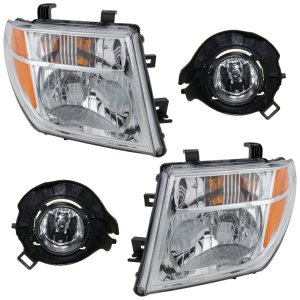 Headlight Assembly Kit for Nissan Frontier 2005-2008 / Pathfinder 2005-2007, Right (Passenger) and Left (Driver), Halogen, 4-Piece Kit, with Fog Lights, Replacement