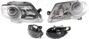 Headlight Assembly for Volkswagen Passat 2006-2010, Right (Passenger) and Left (Driver), Halogen, 4-Piece Kit with Fog Lights, Replacement