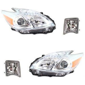 Headlight Kit for 2010-2011 Toyota Prius with Right (Passenger) and Left (Driver) Lens and Housing, Halogen, 4-Piece, Featuring Turn Signal Lights, Replacement