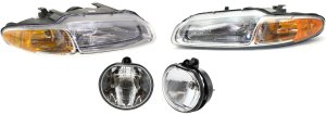 Headlight Assembly Kit for 1996-2000 Chrysler Sebring, Includes Right (Passenger) and Left (Driver) Halogen Headlights, 4-Piece Set with Fog Lights, Replacement