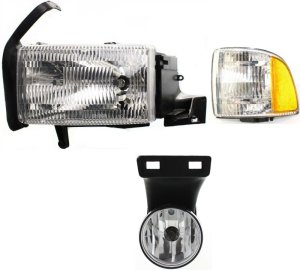 Headlight Assembly Kit for Dodge Full Size Pickup 1999-2002, Left (Driver) Halogen, 3-Piece Set with Corner Light and Fog Light, Replacement