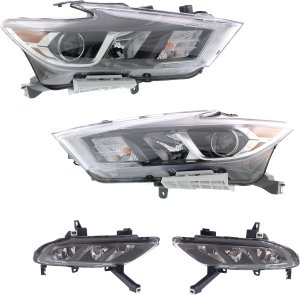 Headlight Assembly Kit for 2016-2018 Nissan Maxima, Right (Passenger) and Left (Driver), Halogen, 4-Piece Kit, with Fog Lights, Replacement