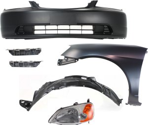Headlight with Lens and Housing for 2001-2003 Honda Civic, Left (Driver), Halogen, 6-Piece kit, Includes Bumper Brackets, Bumper Cover, Fender and Fender Liner, Replacement