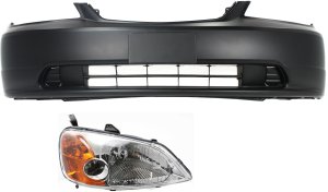 Headlight Assembly Kit for 2001-2003 Honda Civic, Right (Passenger) Side, 2-Piece Set with Halogen Bulb and Bumper Cover, Replacement