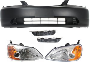 Headlight Assembly Kit for 2001-2003 Honda Civic, Right (Passenger) and Left (Driver), 5-Piece with Halogen, Includes Bumper Brackets and Bumper Cover, Replacement