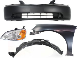 Headlight Assembly for 2001-2003 Honda Civic, Left (Driver) Side, Halogen, 4-Piece kit with Bumper Cover, Fender, and Fender Liner, Replacement