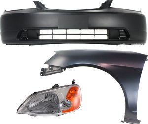 Headlight Lens and Housing Kit for 2001-2003 Honda Civic, Left (Driver) Halogen, 3-Piece with Bumper Cover and Fender Replacement