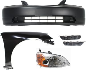 Headlight Assembly Kit for 2001-2003 Honda Civic, Right (Passenger) Side, 5-Piece Set with Halogen Light, Bumper Brackets, Bumper Cover, and Fender, Replacement