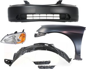 Headlight Assembly for 2001-2003 Honda Civic, Left (Driver), Halogen, 6-Piece Kit with Bumper Brackets, Bumper Cover, Fender, Fender Liner, Replacement