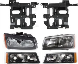 Headlight Assembly Kit for Chevrolet Silverado 2003-2007, Right (Passenger) and Left (Driver), 6-Piece with Headlight Brackets, Turn Signal Lights, Halogen, Replacement