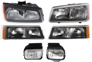 Headlight Assembly Kit for 2004-2007 Chevrolet Silverado, Right (Passenger) and Left (Driver) Halogen, Includes 6-Piece Fog and Turn Signal Lights, Replacement 