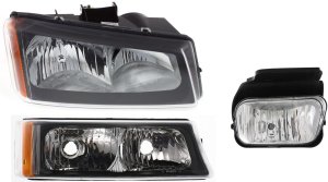 Headlight Assembly Kit for Chevrolet Silverado 2004-2007, Right (Passenger) Side, 3-Piece Kit Includes Halogen Headlight, Fog Light, Turn Signal Light Replacement 