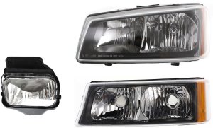 Headlight Assembly for 2004-2007 Chevrolet Silverado, Left (Driver), Halogen, 3-Piece Kit, with Fog Light and Turn Signal Light - Replacement