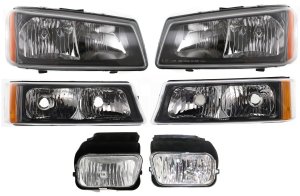 Headlight Assembly Kit for Chevrolet Avalanche 1500/2500 2003-2006, Right (Passenger) and Left (Driver), Halogen, 6-Piece with Fog Lights, Turn Signal Lights, Replacement