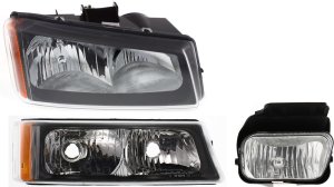 Headlight Assembly Kit for Chevrolet Avalanche 1500/2500 (2003-2006), Right (Passenger) Side, Halogen, 3-Piece with Fog Light and Turn Signal Light, Replacement