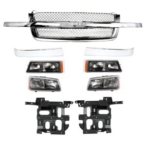 Grille Kit for 2003-2007 Chevrolet Silverado, 9-Piece Set with Grille Trims, Headlight Brackets, Headlights, and Turn Signal Lights, Replacement