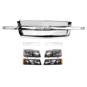 Grille with Trims, Headlights, and Turn Signal Lights for 2003-2007 Chevrolet Silverado, 7-Piece Kit Replacement