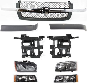 9-Piece Grille Kit for 2003-2007 Chevrolet Silverado, Includes Grille Trims, Headlight Brackets, Headlights, and Turn Signal Lights, Replacement