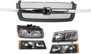 Grille Kit for Chevrolet Silverado 2003-2007, 5-Piece Set, Includes Headlights and Turn Signal Lights, Replacement