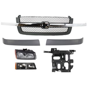6-Piece Grille Kit for 2003-2007 Chevrolet Silverado, Includes Grille Trims, Headlight, Headlight Bracket, and Turn Signal Light, Replacement