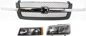 Grille for 2003-2007 Chevrolet Silverado, 3-Piece Kit with Headlight and Turn Signal Light, Complete Replacement Set