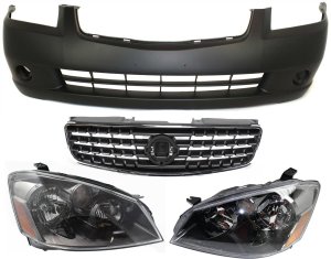Headlight Assembly for 2005-2006 Nissan Altima, Right (Passenger) and Left (Driver), Halogen 4-Piece Kit with Bumper Cover and Grille Assembly Replacement 