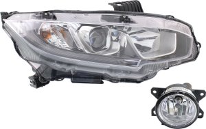 Headlight Assembly for Honda Civic 2016-2020, Right (Passenger) Side, Halogen, 2-Piece Kit with Fog Light, Replacement