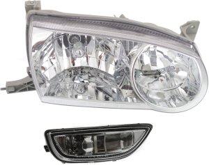 Headlight Assembly with Fog Light for Toyota Corolla 2001-2002, Right (Passenger), Halogen, 2-Piece kit, Replacement