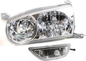 Headlight Assembly for 2001-2002 Toyota Corolla, Left (Driver) Side, Halogen, 2-Piece Kit with Fog Light, Replacement