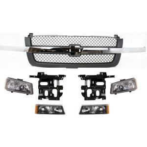 Grille Kit for 2003-2007 Chevrolet Silverado, 7-Piece with Headlight Brackets, Headlights, and Turn Signal Lights Replacement