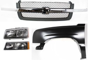 Front Fender Left (Driver) 4-Piece Kit for 2003-2007 Chevrolet Silverado with Grille Assembly, Headlight and Turn Signal Light Replacement