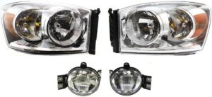 Headlight Assembly for 2006-2009 Dodge Full Size Pickup, Right (Passenger) and Left (Driver), Halogen, 4-Piece kit, with Fog Lights, Replacement