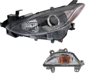 Headlight Assembly for Mazda 3 Sport/Mazda 3 2014-2016, Left (Driver) Halogen, 2-Piece Kit with Turn Signal Light, Replacement