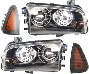 Headlight Kit for 2008-2010 Dodge Charger, Right (Passenger) and Left (Driver) Side, without Bulbs, 4-Piece Set, Includes Side Markers, Replacement