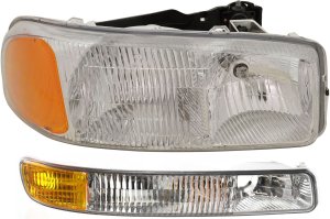 Headlight with Bulb for GMC Sierra 1999-2007, Right (Passenger), 2-Piece Kit with Parking Light, Replacement