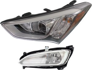 Headlight Assembly for Hyundai Santa Fe Sport 2013-2016, Left (Driver), Halogen, 2-Piece Kit, with Fog Light, Replacement
