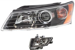 Headlight Assembly for Hyundai Sonata 2006-2008, Left (Driver) Halogen, 2-Piece Kit with Fog Light, Replacement