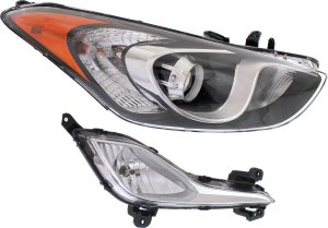 Headlight with Bulb for Hyundai Elantra GT 2013-2017 Right (Passenger), includes Fog Light, 2-Piece Kit, Replacement