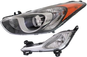 Headlight with Bulb and Fog Light for Hyundai Elantra GT 2013-2017, Left (Driver), 2-Piece Kit, Replacement